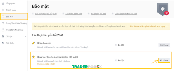 Kích hoạt Binance/Google Authenticator