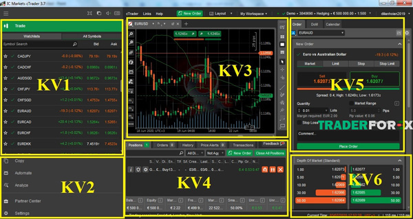 Giao diện chung gồm 6 khu vực của cTrader