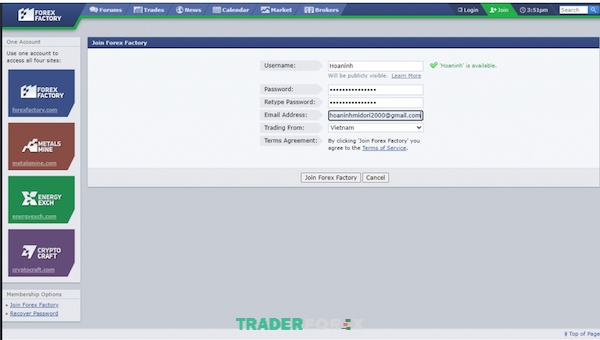 Khu vực đăng ký tài khoản Forex Factory