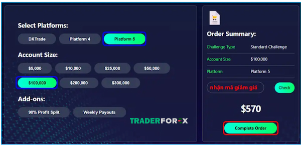 funded-peaks-9 Lựa chọn Account Size và thanh toán