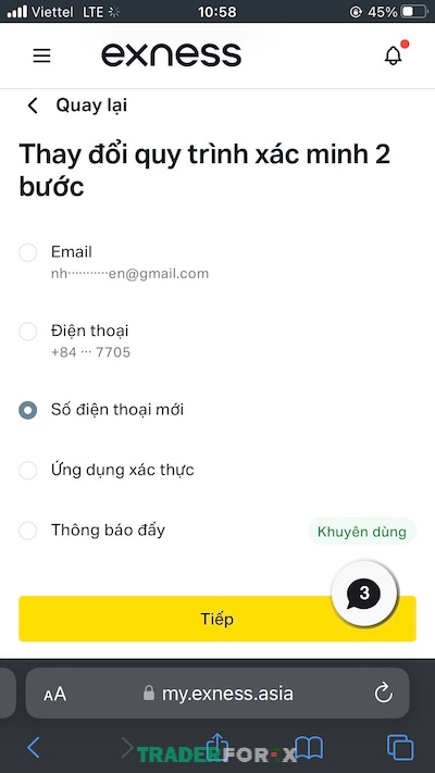 Thay đổi quy trình bước 2 với số điện thoại mới