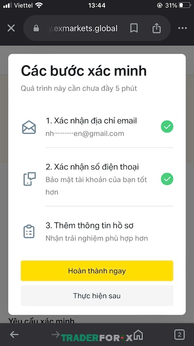 Nhấp “Hoàn thành ngay” để hoàn tất hồ sơ đăng ký tài khoản