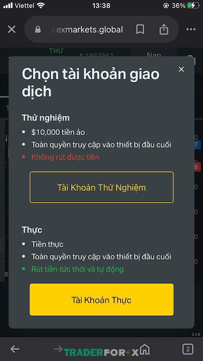 Nhấp vào “Tài khoản thực” để tiến hành bước tiếp theo