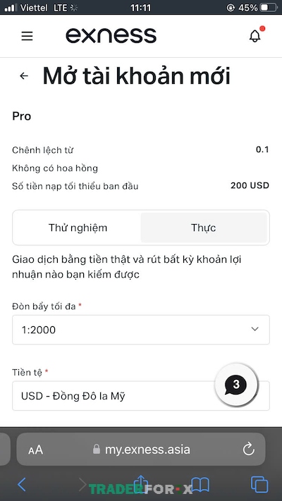 Lựa chọn tài khoản thực hoặc tài khoản thử nghiệm