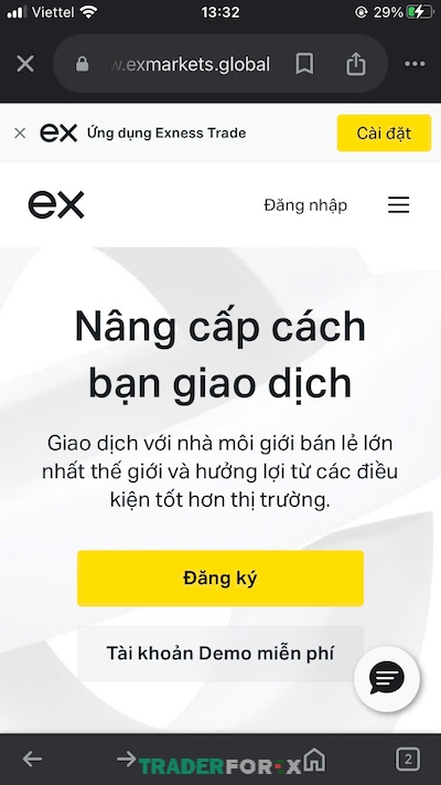 Giao diện chính khi nhấp vào trang web Exness