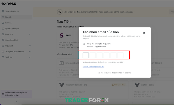 Điền mã OTP gồm 6 số được Exness gửi về email của bạn