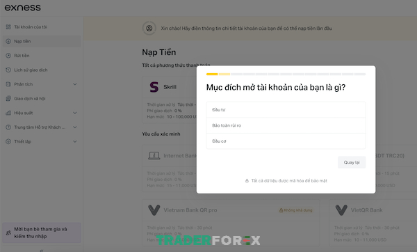 Lựa chọn một trong ba tùy chọn về mục đích đăng ký tài khoản mà hệ thống đề xuất