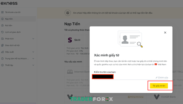 Chọn vào “Tải giấy tờ lên” để tiến hành xác minh danh tính tài khoản
