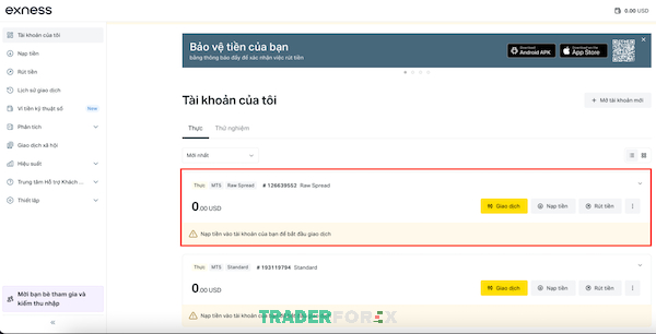 Tại trang chính xuất hiện thêm một tài khoản giao dịch mới