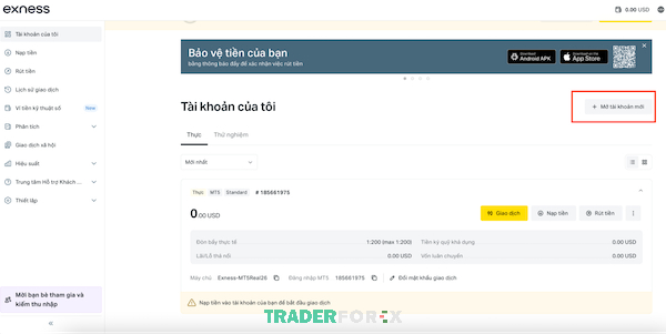 Chọn vào “Mở tài khoản mới” để được đăng ký thêm tài khoản giao dịch