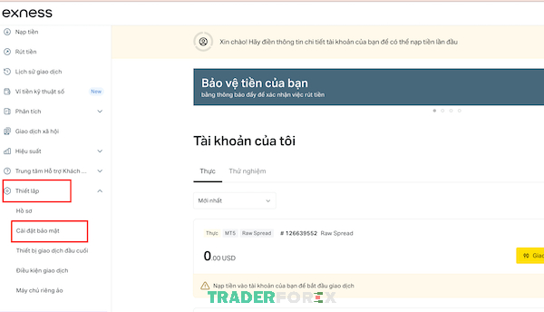 Thực hiện như ô vuông đỏ trên hình để tiến hành bảo mật tài khoản