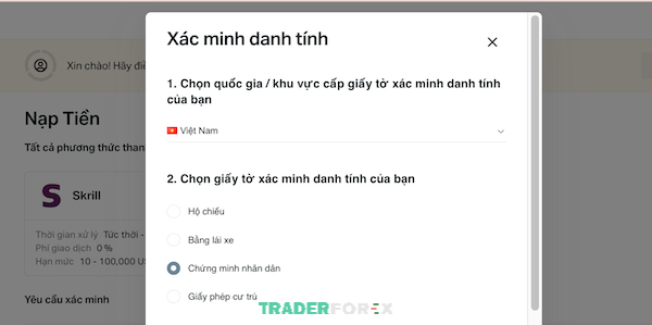 Chọn CMND để thực hiện xác minh danh tính đối với tài khoản