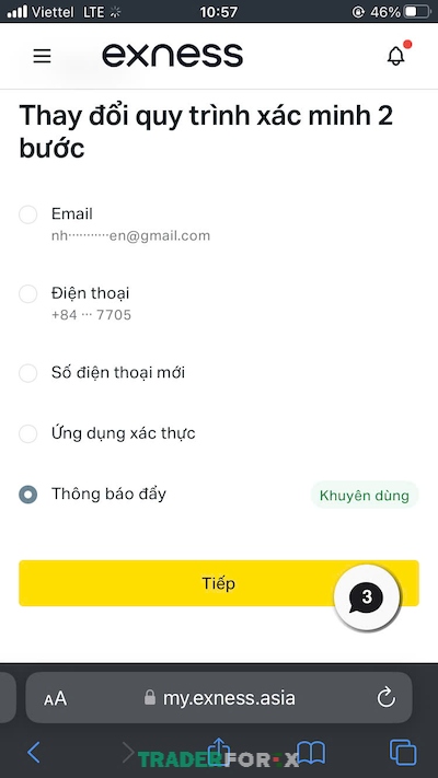 Lựa chọn thông báo đẩy để bảo mật 2FA