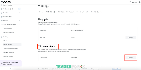 Chọn vào “Thay đổi” để tiến hành xác minh 2 bước
