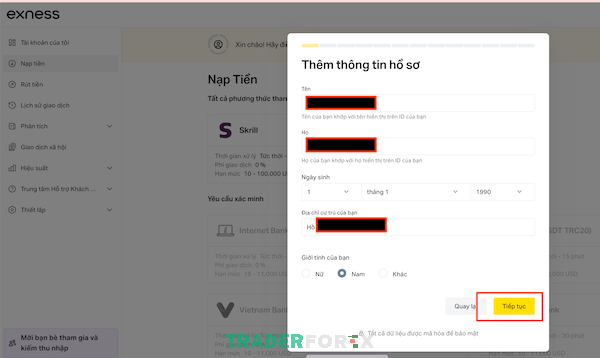 Nhập đúng họ tên, ngày sinh, địa chỉ và giới tính người tạo tài khoản