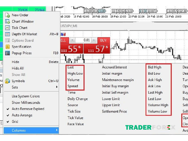 huong-dan-su-dung-metatrader-5-25 Khi bấm Columns màn hình sẽ hiển thị