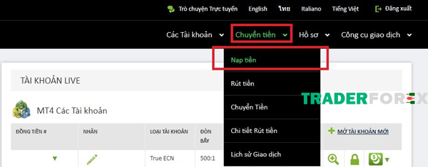 mo-tai-khoan-icmarkets-12 Vào Menu “Chuyển tiền” để chọn “Nạp tiền”