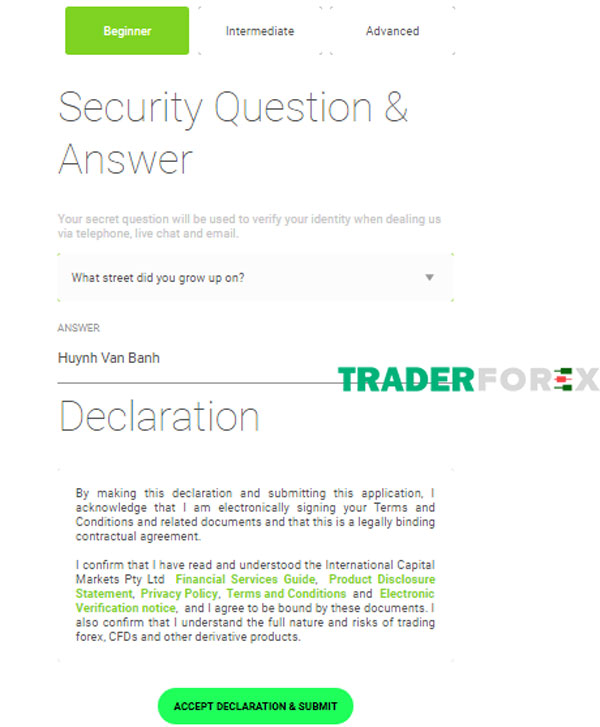 mo-tai-khoan-icmarkets-2 Chọn Accept Declaration & Submit để hoàn thành