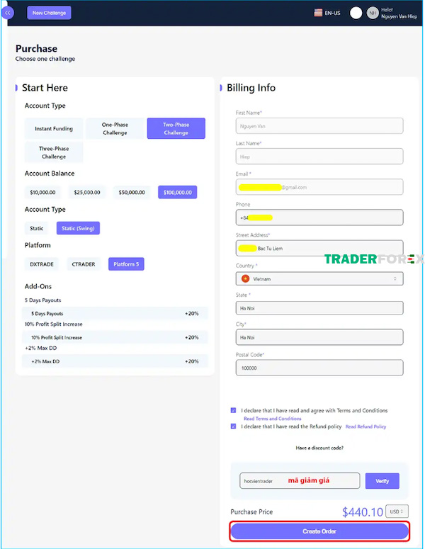 Nhấn chọn vào mục Create Order
