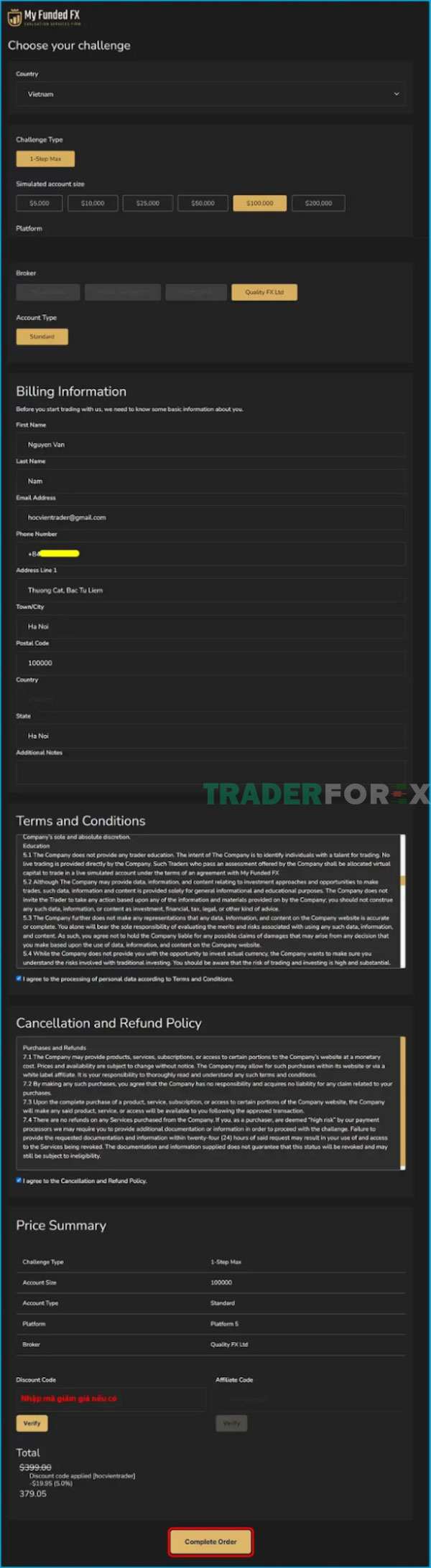 Giao diện điền thông tin trên trang web của MyFundedFX