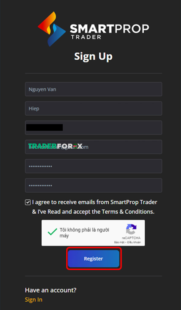 smart-prop-trader-11 Điền các thông tin hiển thị trên màn hình