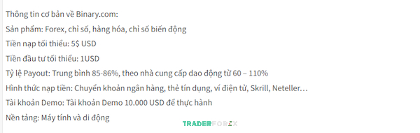 Thông tin cụ thể của sàn Binary.com