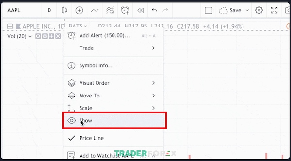 tradingview-bi-loi-20 Bấm “show" như hình để hiển thị lại thanh giá