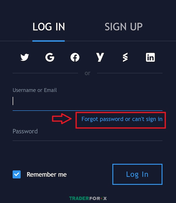 tradingview-bi-loi-4 Bạn bấm vào “Forgot password or can’t sign in" như hình để lấy lại tài khoản TradingView của mình