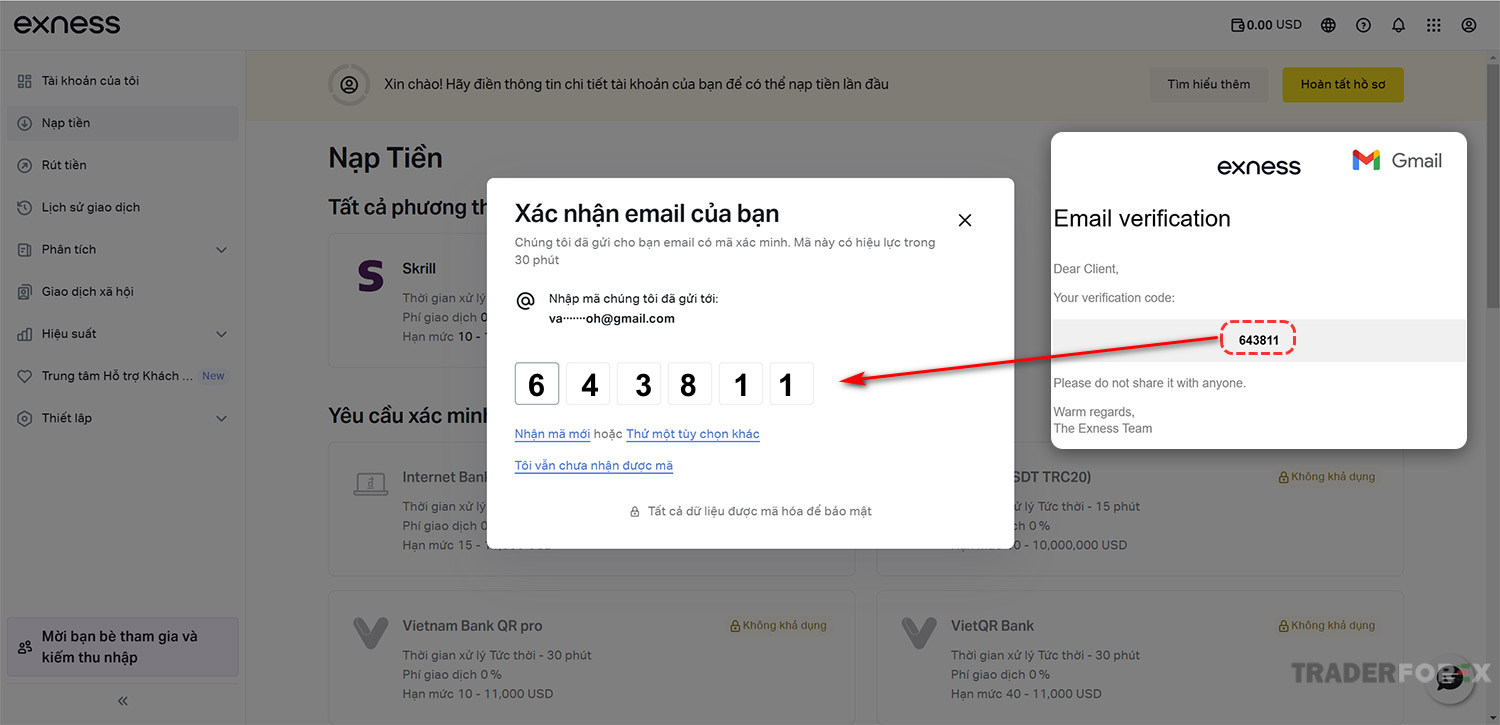 Điền mã xác minh từ email vào ô trống Điền mã xác minh từ email vào ô trống