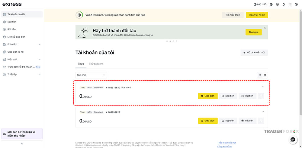 tao-tai-khoan-giao-dich-thanh-cong Tài khoản vừa tạo được hiển thị trên trang Tài khoản của tôi
